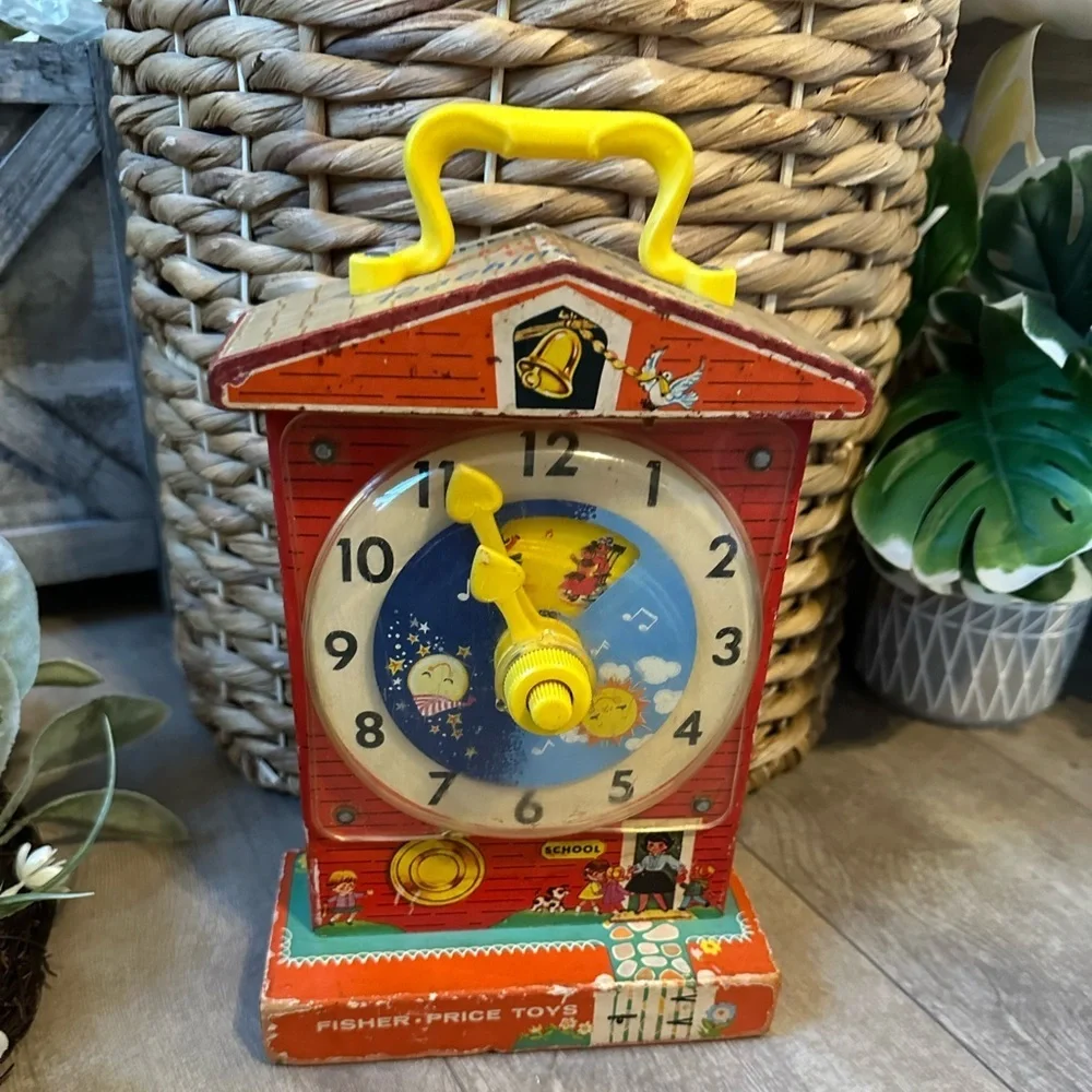 Vintage 1960s Fisher-Price Children’s Toy Red Yellow Music Box Teaching Clock